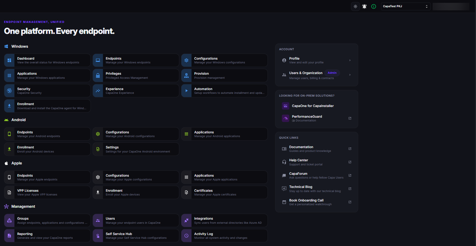 CapaOne home page with the Account panel containing Profile and Users & Organization, and the Quick Links panel