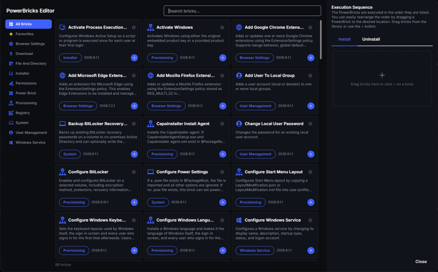 PowerBricks Editor with category list, brick cards and the Install and Uninstall execution sequence