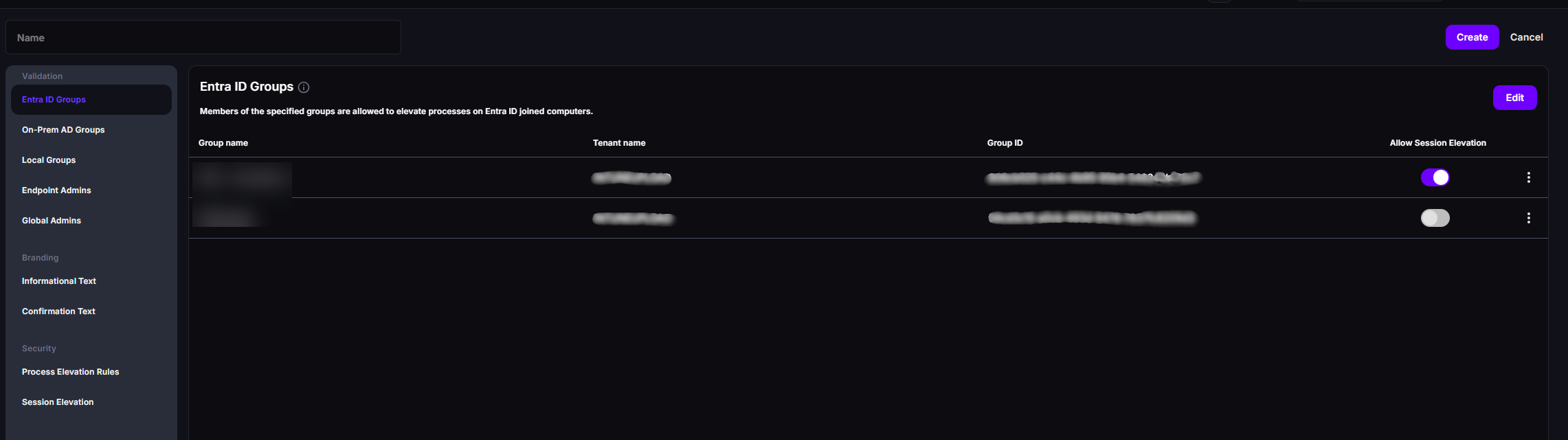 Entra ID Groups under Validation, with Allow Session Elevation turned on for one of two groups