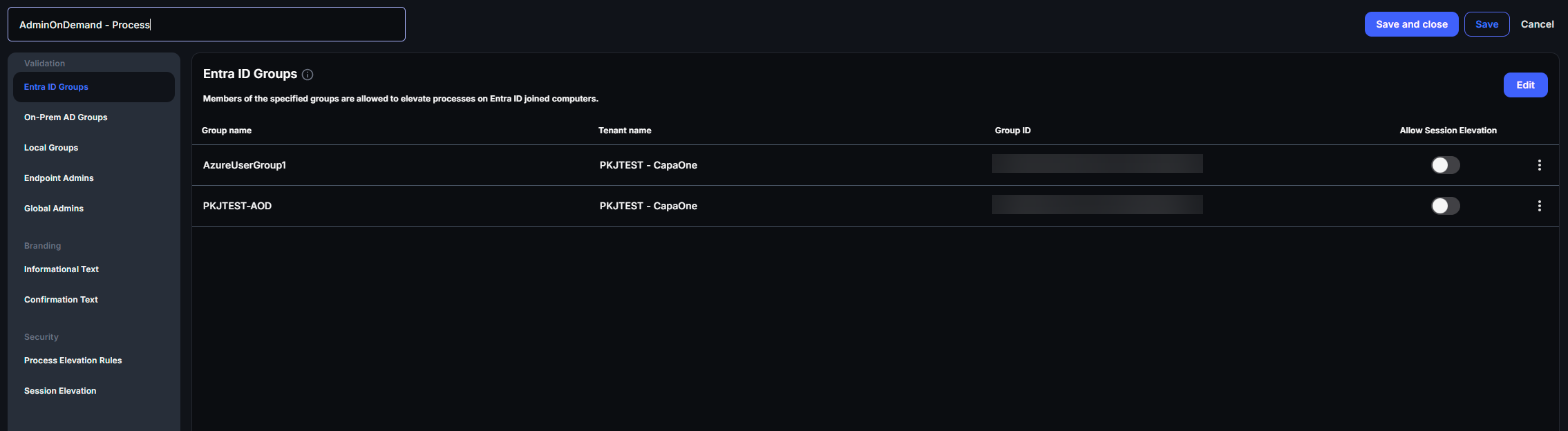 Privileges configuration editor with Validation, Branding and Security settings in the left menu and Entra ID Groups selected