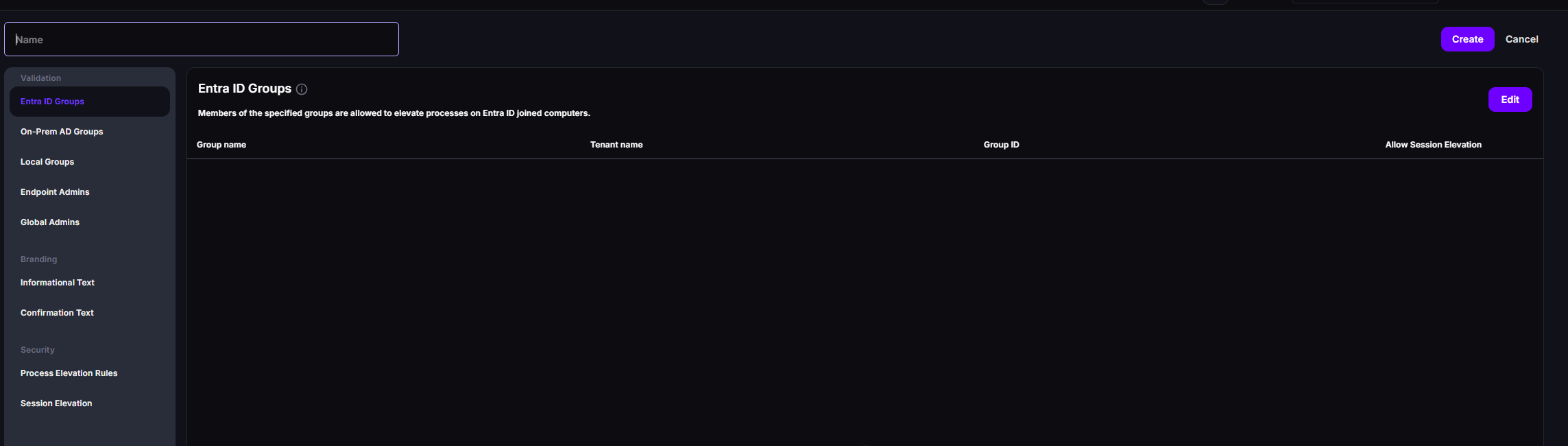 New Privileges configuration page with the Name field, the Create and Cancel buttons, and a left menu grouped under Validation, Branding, and Security