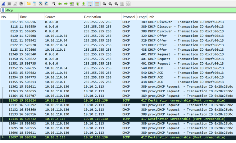 A Wireshark capture where proxyDHCP requests to the DHCP server are answered with ICMP Port unreachable