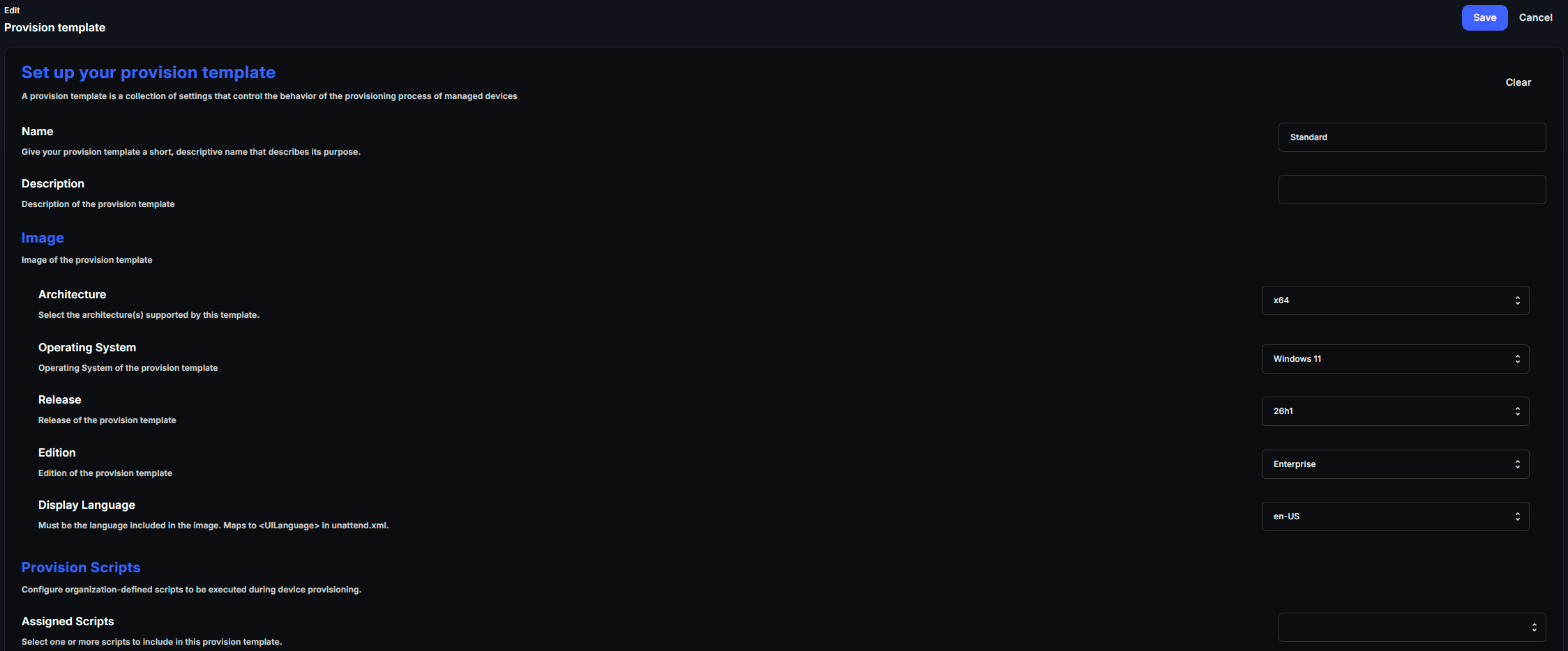 Edit Provision template page with Name, Description, the Image settings Architecture, Operating System, Release, Edition and Display Language, and Provision Scripts