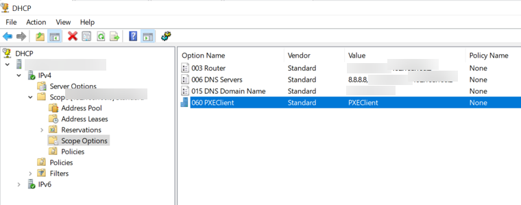 The DHCP console with option 060 PXEClient selected under Scope Options