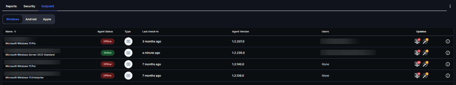 CapaOne Reporting Endpoint tab with the Windows endpoint list