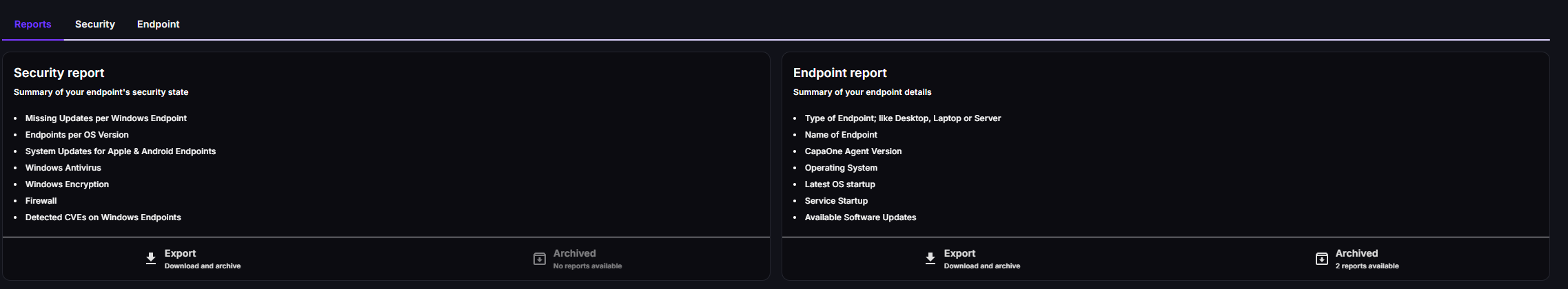 Reports tab with a Security report card and an Endpoint report card, each listing its contents and offering Export and Archived