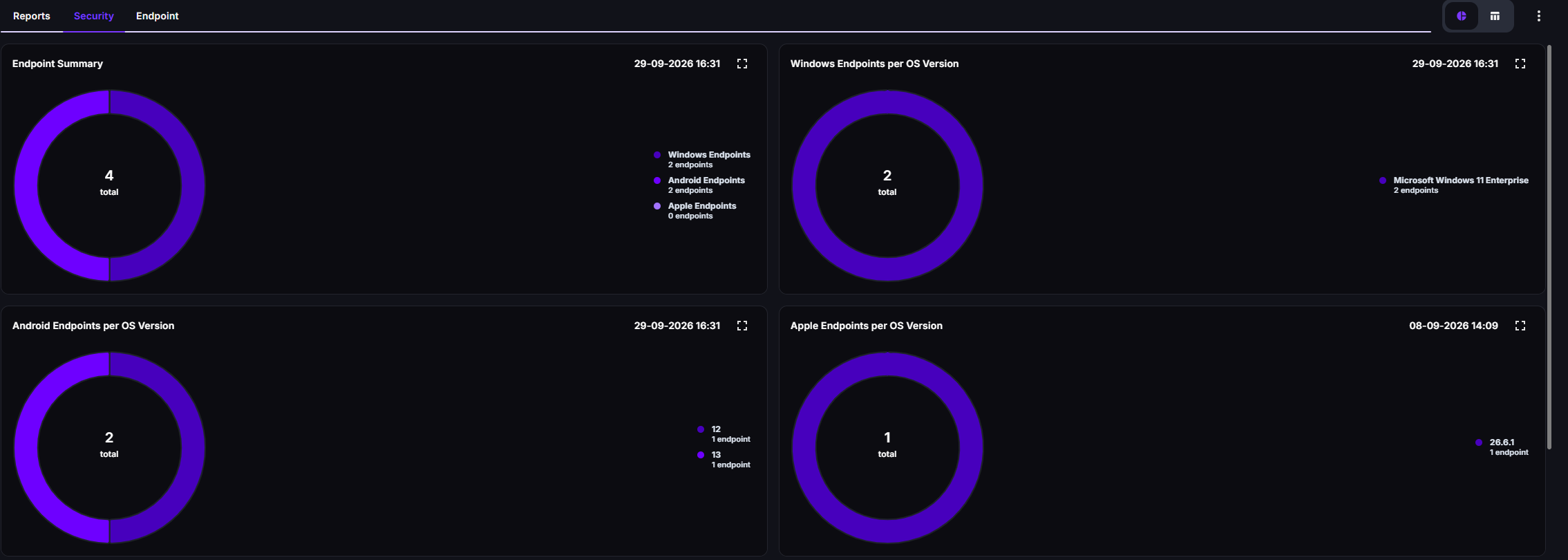 Security tab in graph view with the Endpoint Summary, Windows, Android, and Apple Endpoints per OS Version charts