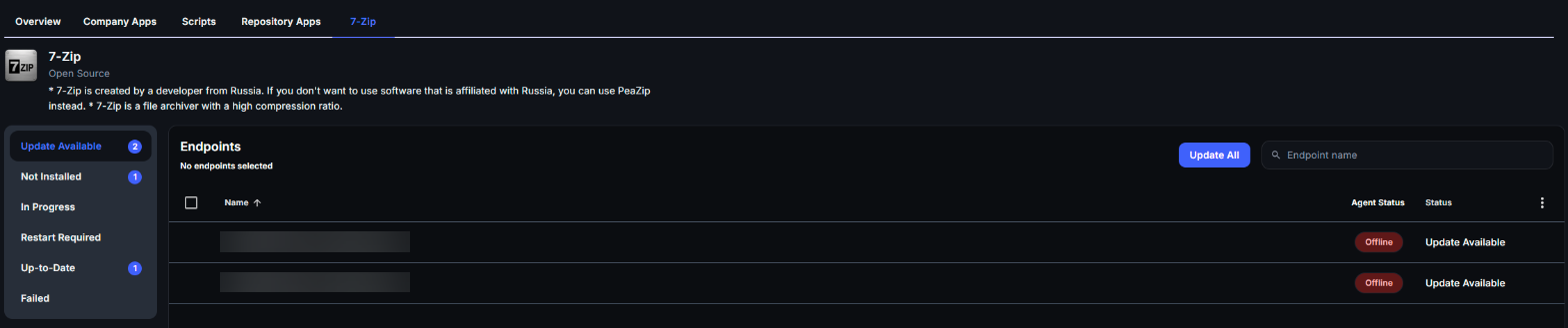 7-Zip Repository App page with the status list on the left and the endpoints with Update Available status, with the Update All button