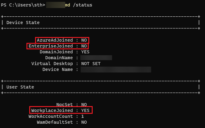 dsregcmd /status output showing the device join state