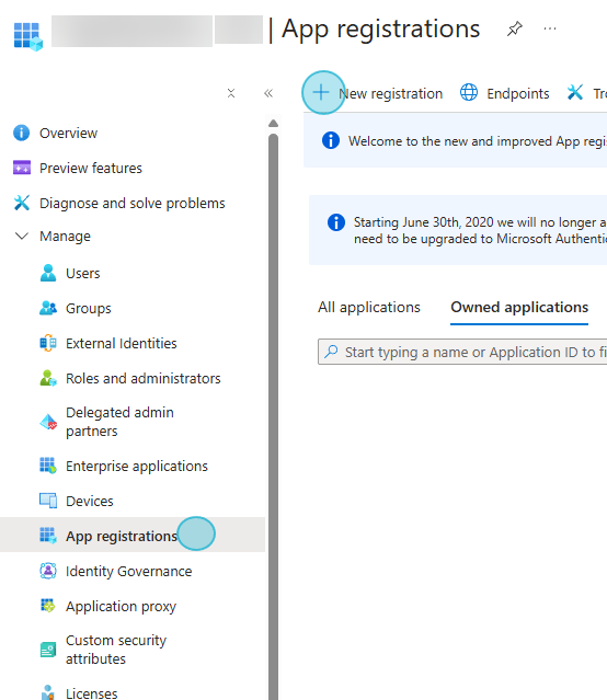 App registrations page with an existing app or the New registration button