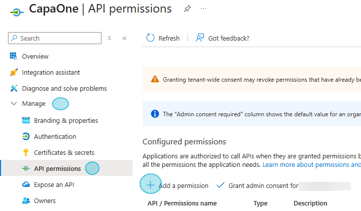 App registration API permissions page with the Add a permission button