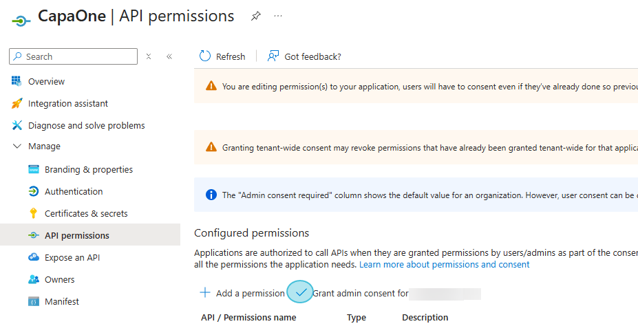 API permissions list after granting admin consent