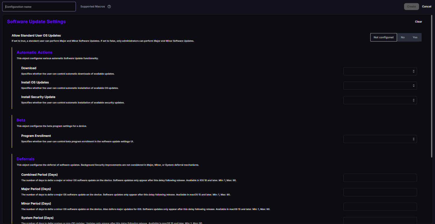 New DDM Software Update Settings configuration with Allow Standard User OS Updates, Automatic Actions, Beta and Deferrals