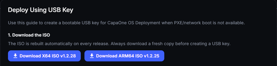 Deploy Using USB Key dialog with Download X64 ISO and Download ARM64 ISO buttons