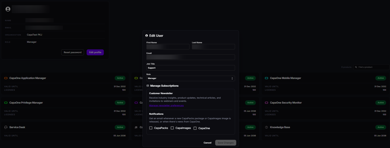 Profile page with account details and product contracts, and the Edit User dialog showing name, email, job title, role and subscription settings