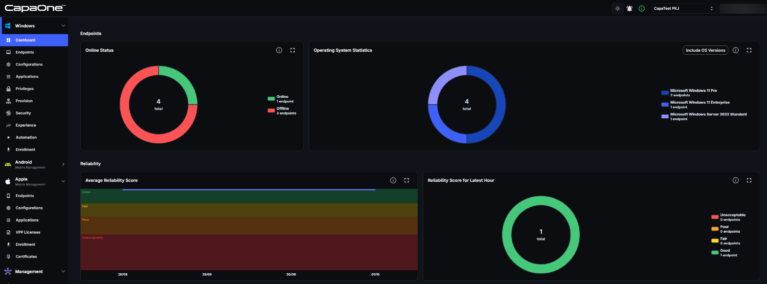 CapaOne Windows Dashboard with the Online Status, Operating System Statistics and Reliability widgets