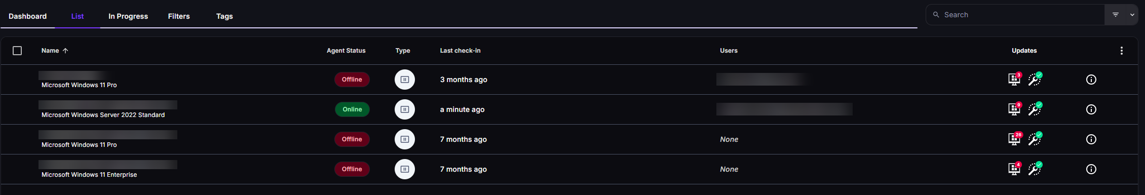 Windows Endpoints List tab with the search box and filter button