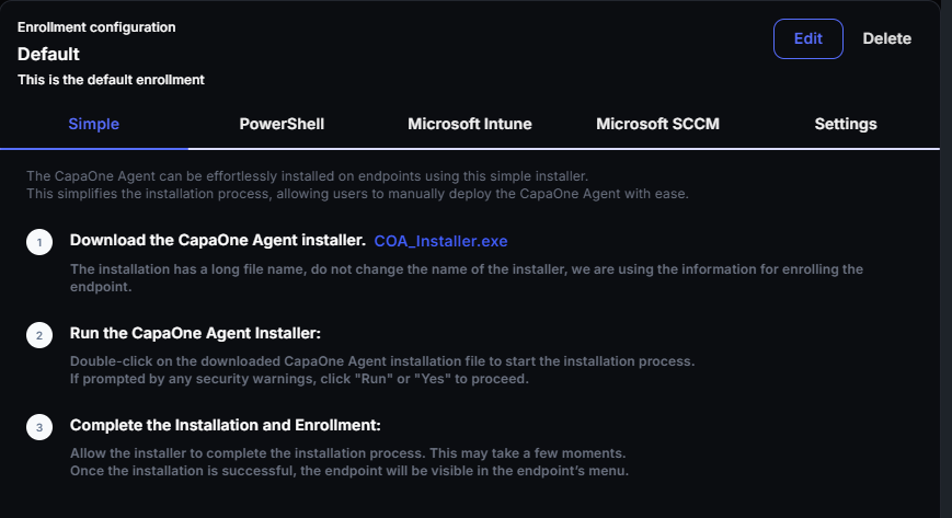 Windows enrollment configuration drawer with Simple, PowerShell, Microsoft Intune, Microsoft SCCM and Settings tabs
