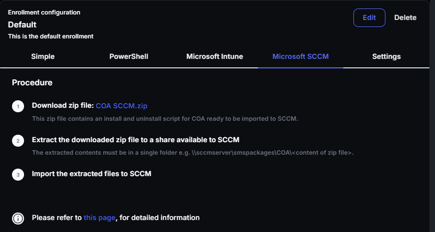 Microsoft SCCM tab in the enrollment configuration with the COA SCCM.zip download link